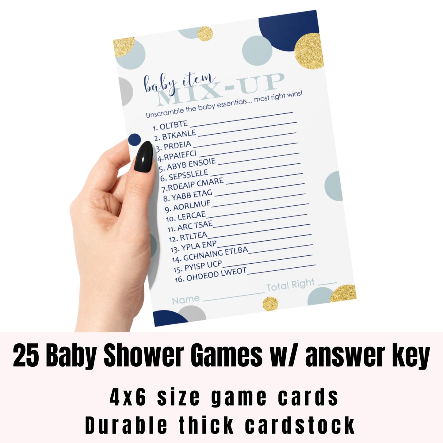 Navy & Gold Baby Shower Word Scramble Game, TwinklePaper Clever Party