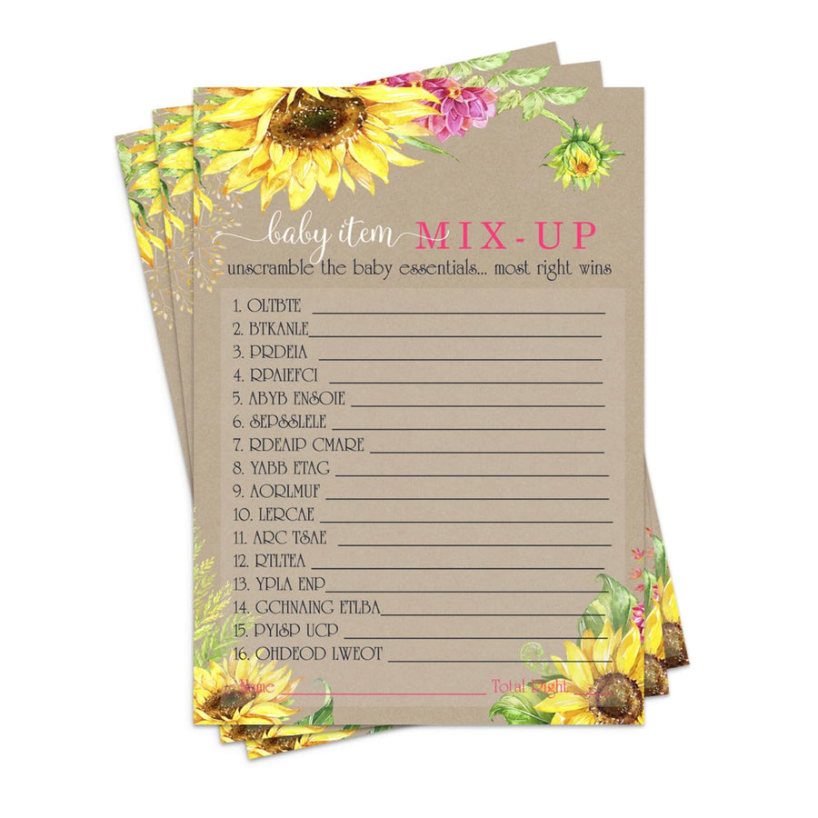 Rustic Sunflower Baby Shower Word Scramble Game - 25 Pack for Gender Reveal & Girls’ Events - Paper Clever Party