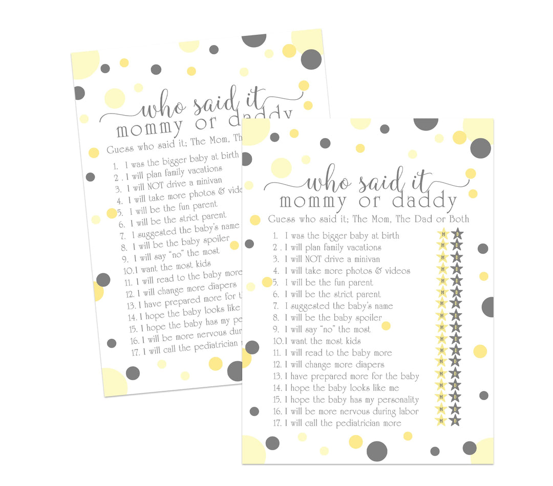 Yellow and Grey Baby Shower Game 25 Guest Pack - Paper Clever Party