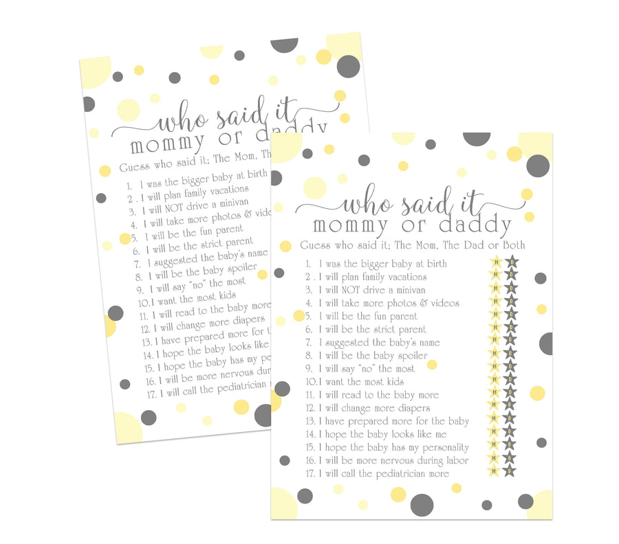 Yellow and Grey Baby Shower Game 25 Guest Pack - Paper Clever Party