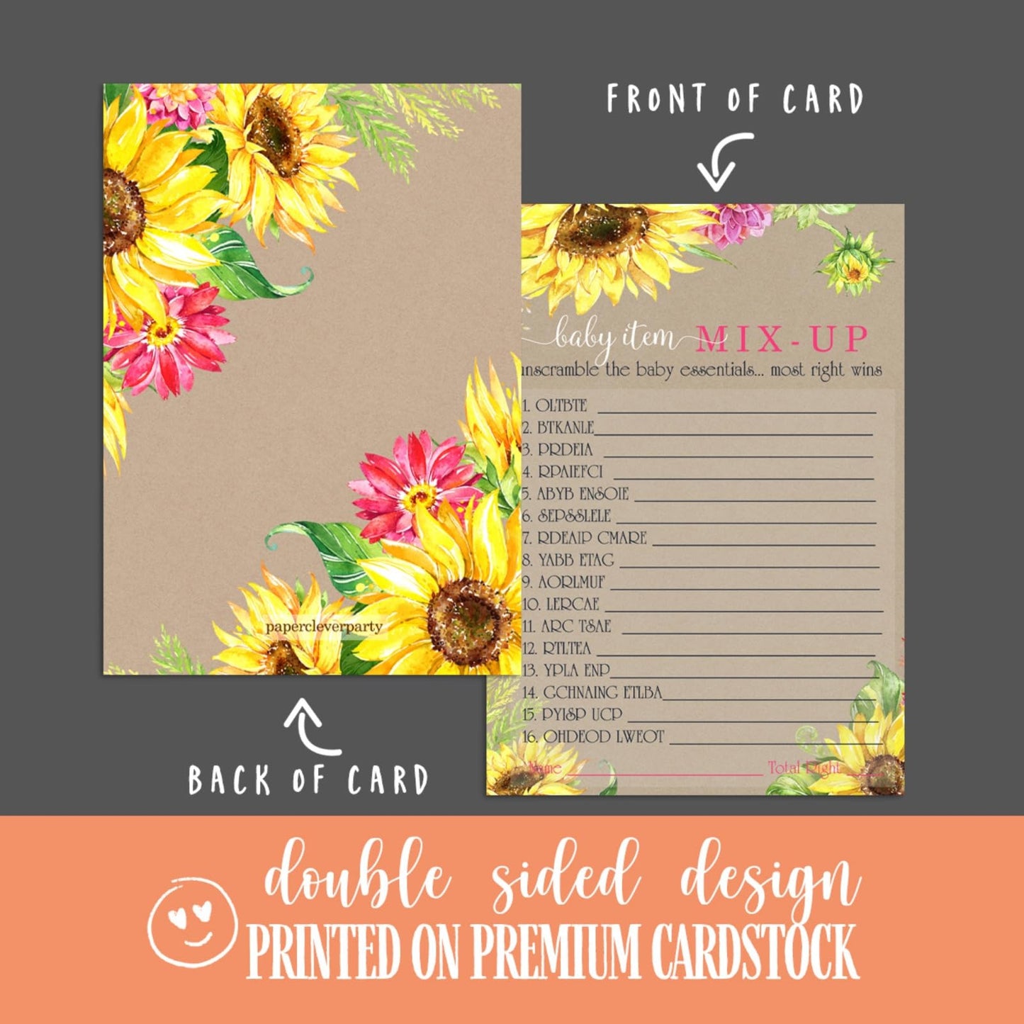 Sunflower Baby Shower Word Scramble Game Cards (25 Pack) Unscramble Activity Gender Reveal - Girls Baby Shower Games - Fall Rustic Floral Yellow Pink - Printed 5x7 Size SetPaper Clever Party