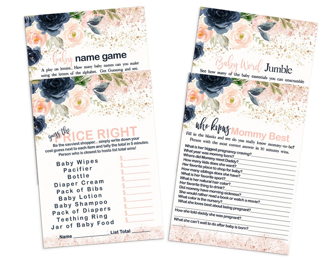 “Blushing Blossoms” - Floral Baby Shower Game Set for Girls, 5x7 Double-Sided Cards (25 ct) - Paper Clever Party