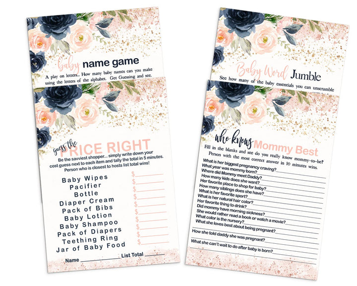 “Blushing Blossoms” - Floral Baby Shower Game Set for Girls, 5x7 Double-Sided Cards (25 ct) - Paper Clever Party