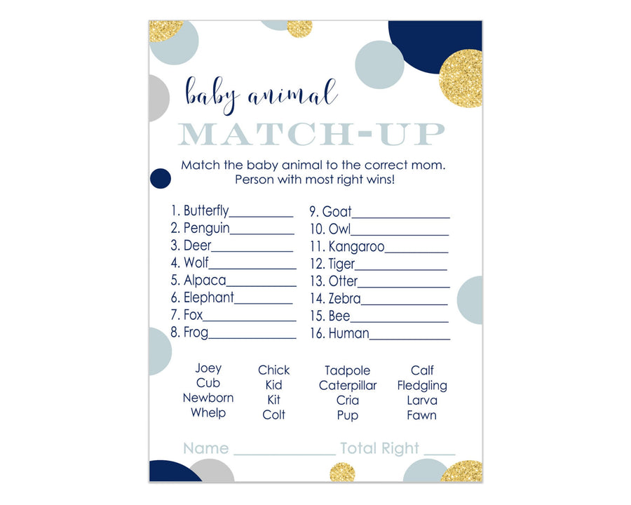 Navy and Gold Baby Shower Animal Matching Game Card (25 Pack) - Paper Clever Party