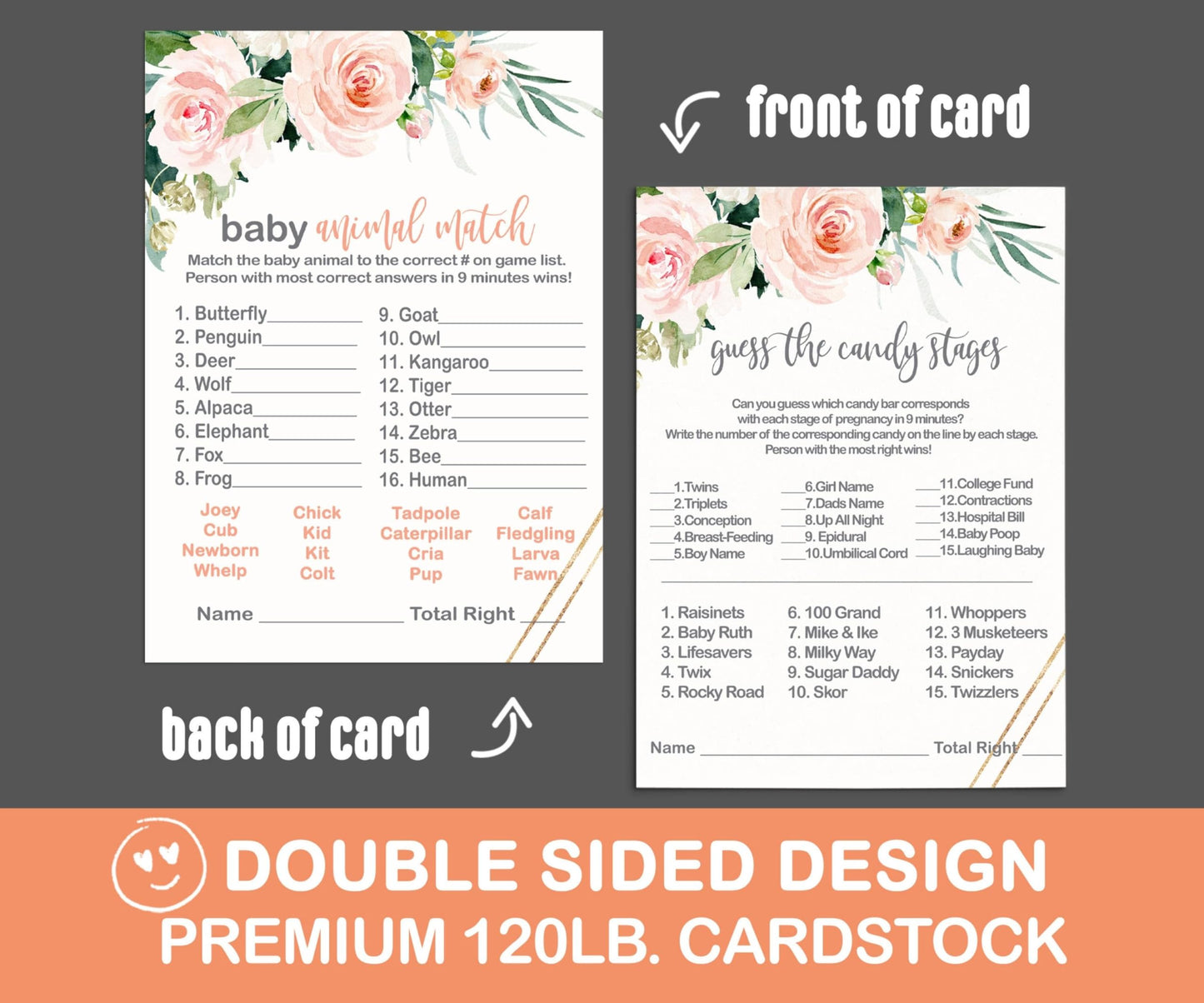 Candy Bar Match, Double Sided 5x7 Cards, Rustic Pink Floral Greenery, 25Paper Clever Party
