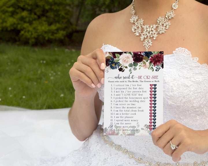 Indigo Floral Bridal Shower Game He or She Said, Rustic Greenery Burgundy and Navy, 5x7 Cards, 25 Guests - Paper Clever Party