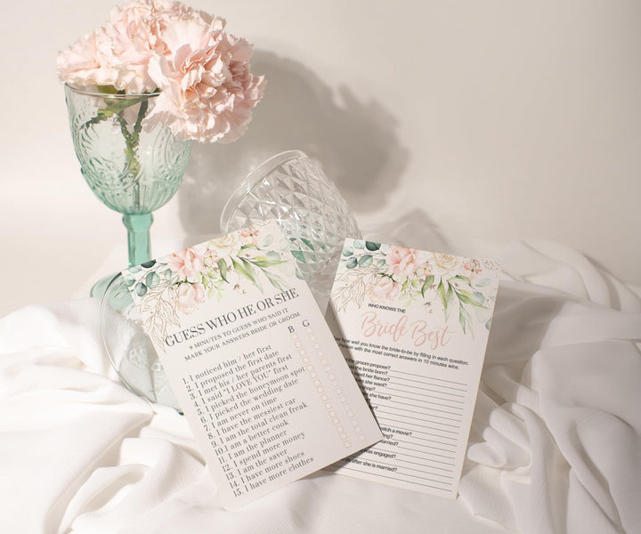 Bride Best and He or She Said Blush Blooms Bridal Shower Game - Pink Double-Sided 5x7 Cards for 25 Guests - Paper Clever Party