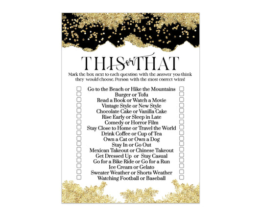 Would She Rather Black and Gold Bridal Shower Game - This or That Activity Set for 25 Guests, Perfect for Weddings, Graduations, and Birthdays