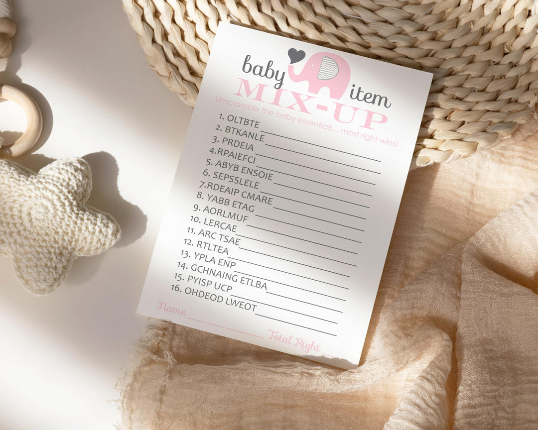 Pink Elephant Baby Shower Word Scramble Game Cards - 25 Pack Unscramble Activity Set for Girls Event - Princess Jungle Animal Theme - Printed 4 x 6 Size Set - Paper Clever Party