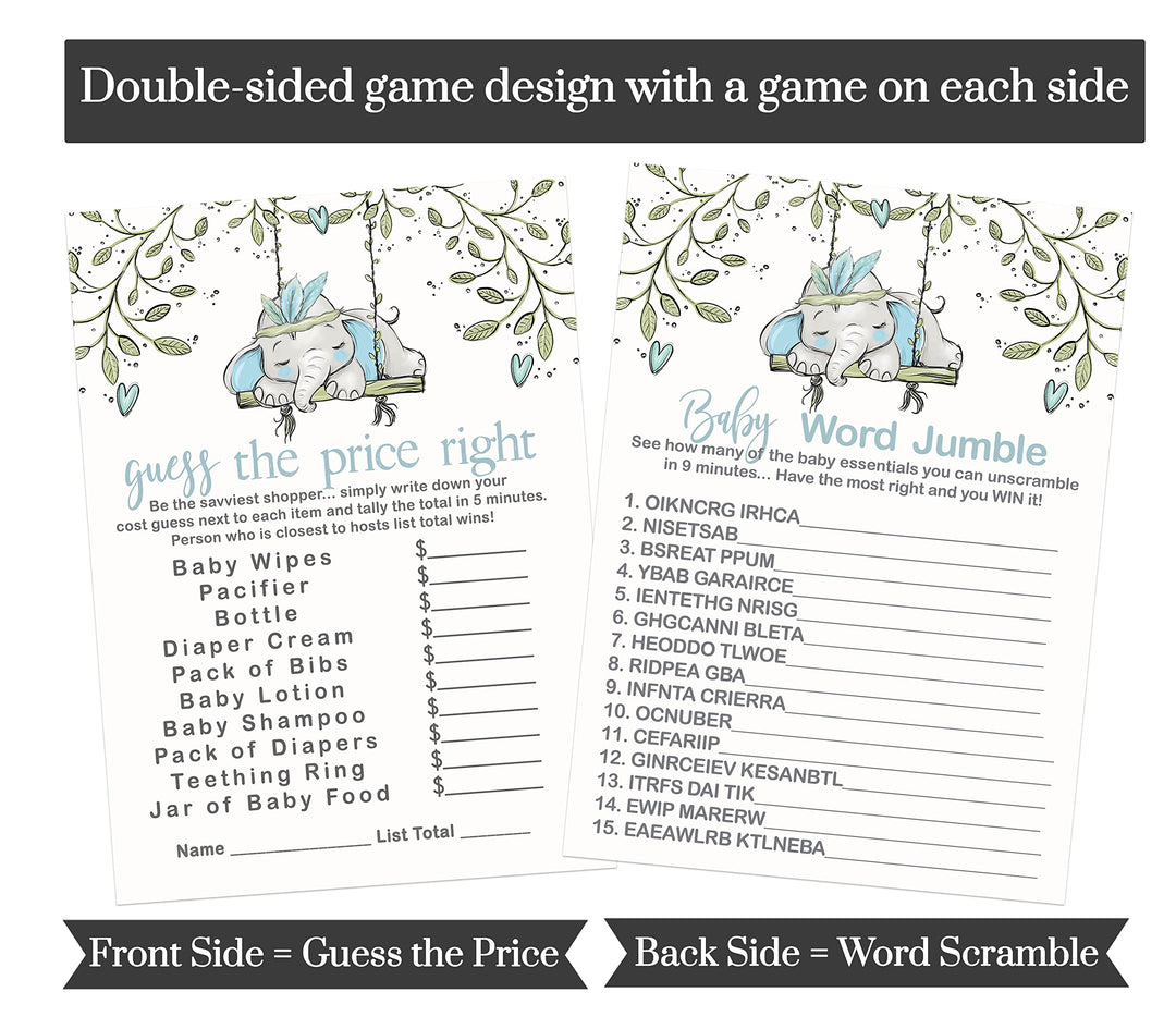 Little Peanut’s Play - Blue Elephant Baby Shower Game Set, Rustic Greenery, 5x7 Cards (25 ct) - Paper Clever Party