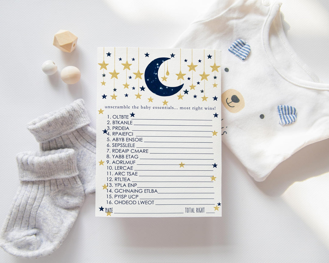 Twinkle Little Star Baby Shower Games Word Scramble - 25 Pack Unscramble Activity Cards for Dreamy Nighttime Event - Paper Clever Party