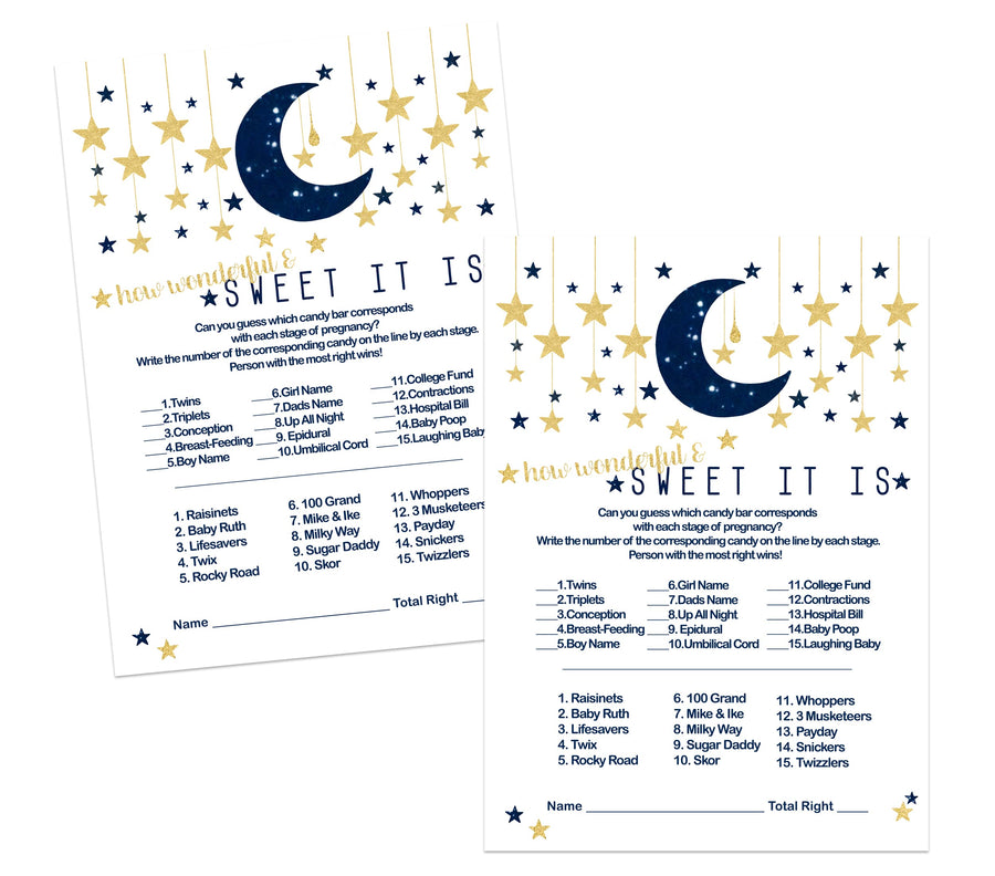 25-Card Celestial Baby Shower Candy Guessing Game - Twinkle Little Star - Navy & Gold Over the Moon - Paper Clever Party