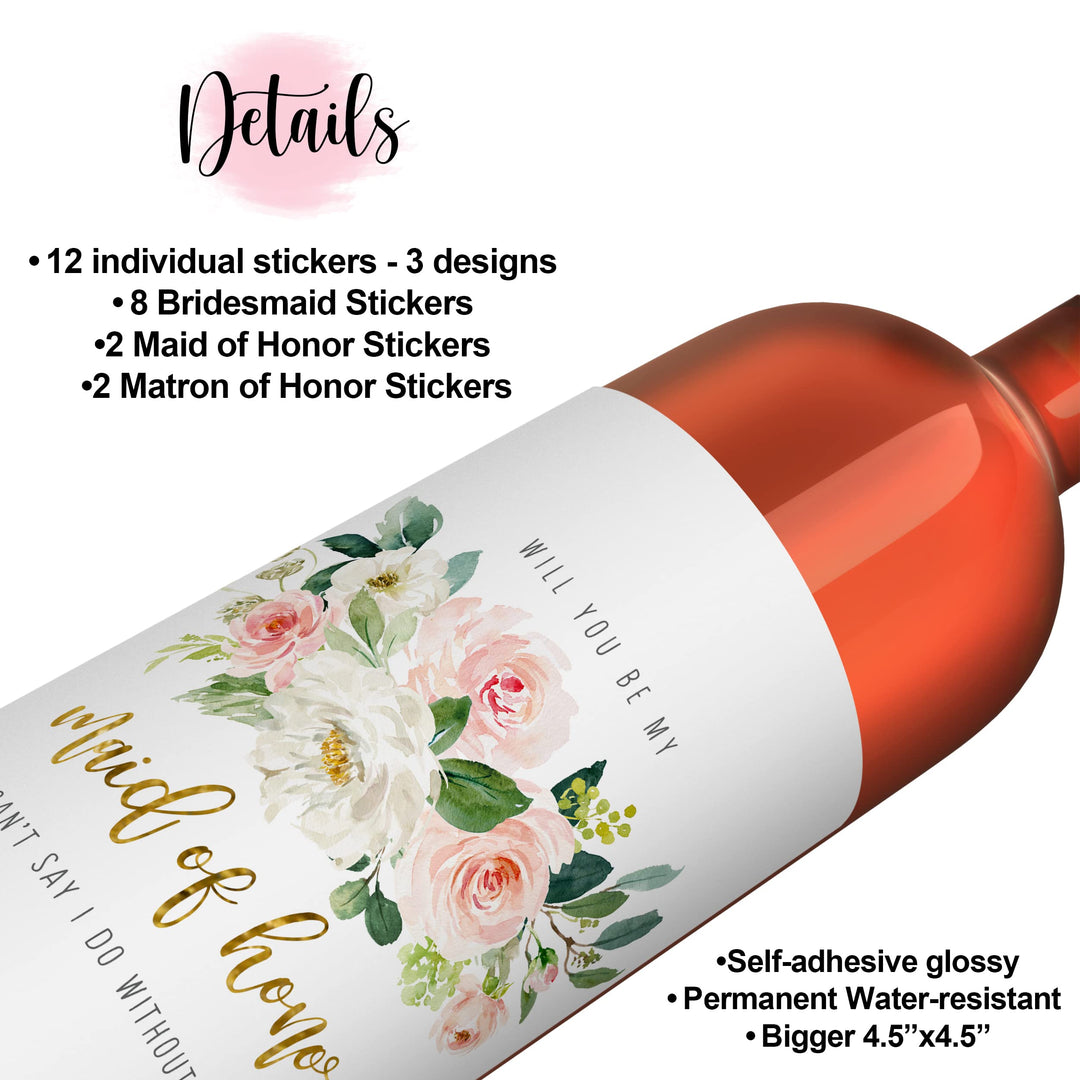 Graceful Floral Bridesmaid Wine Labels by Paper Clever - 12 Pack - Creative Wedding Party Invites - Paper Clever Party