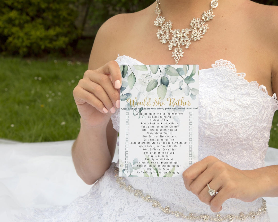 Rustic Eucalyptus Floral Would She Rather Greenery and Gold Bridal Shower Game - Wedding Bride Best, 25 Pack - Paper Clever Party