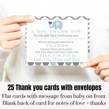 Elephant Thank You Cards for Boys – Prewritten Notes with Envelopes (Pack of 25) - Paper Clever Party