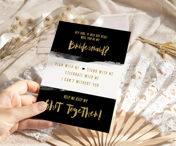 Bridesmaid Cards with Envelopes, Black and Gold, 6 Pack - Paper Clever Party