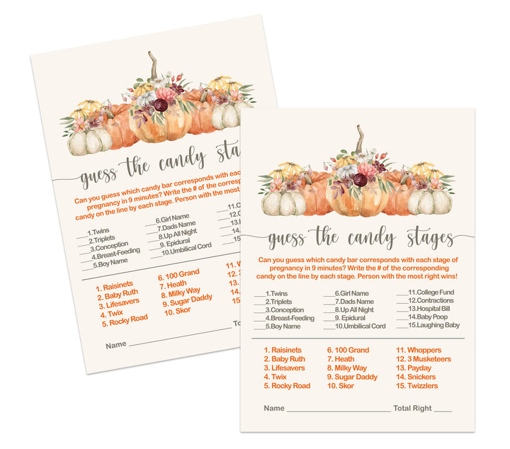 Paper Clever Party Pumpkin Baby Shower Game Match The Candies Activity Cards, Floral and Pumpkin, 4x6 Set, 25 Pack - Paper Clever Party