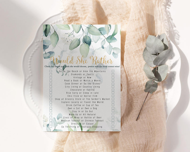 Rustic Eucalyptus Floral Would She Rather Greenery and Gold Bridal Shower Game - Wedding Bride Best, 25 Pack - Paper Clever Party