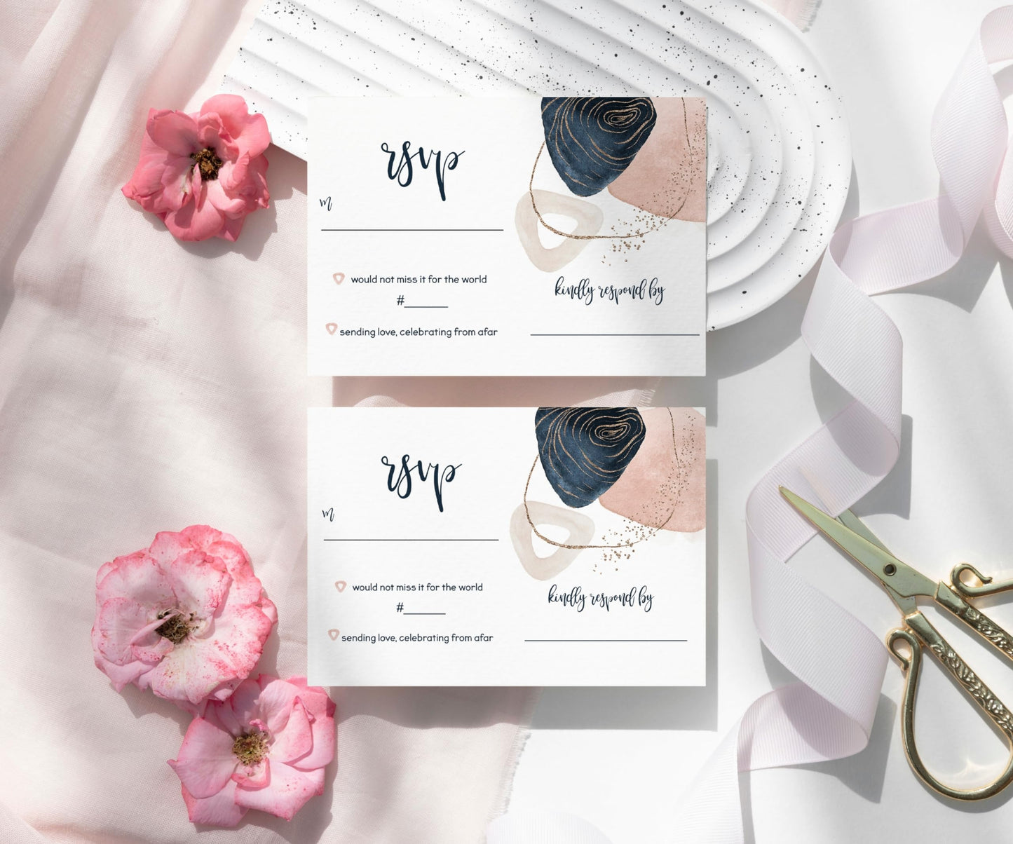 Chic Navy & Pink Watercolor RSVP CardsPaper Clever Party