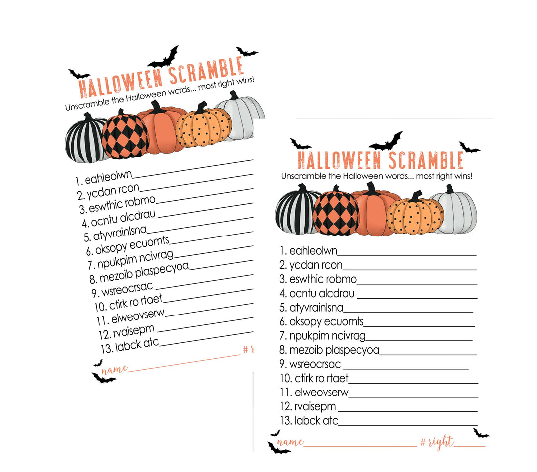 Bewitched Halloween Party Games Word Scramble for Pumpkin Baby Shower, Adults, Kids Birthday, Wedding Fall Festival, Orange and Black, 5x7 Cards, 25 Guests - Paper Clever Party