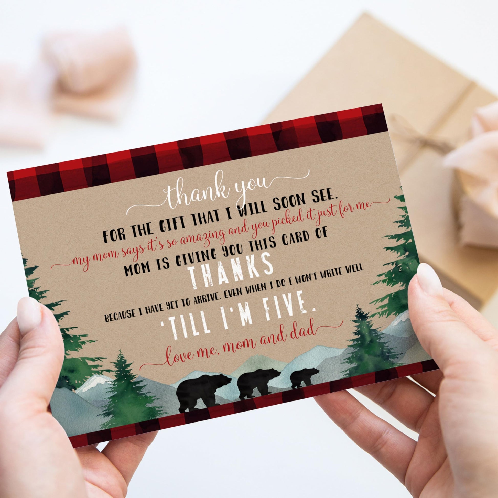 Lumberjack Boys Baby Shower Thank You Cards - Rustic (15 Pack) with Red Envelopes, 4x6 - Paper Clever Party