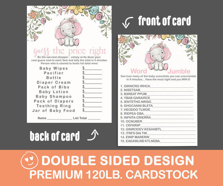 Elephant Elegance - Cottage Elephant Baby Shower Game Set, Pink, 5x7 Cards (25 ct) - Paper Clever Party