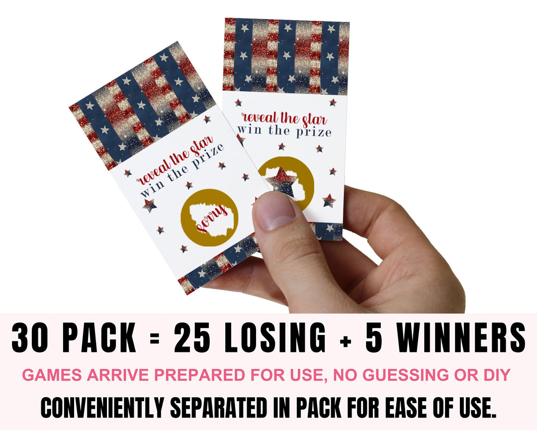 July 4th Festive Star Scratch Off Game Cards (30 Pack) - Win Scratchers for Party Games, Business Raffles, Picnics - Paper Clever Party