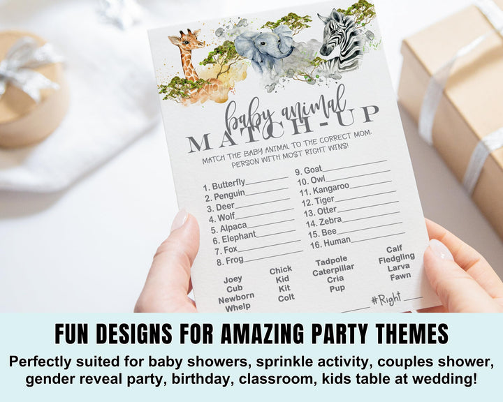 Jungle Baby Shower Game Animal Matching for All Occasions Fun Guessing Activities Guests Play, Gender Neutral Ideas, 4x6, 25 Pack - Paper Clever Party