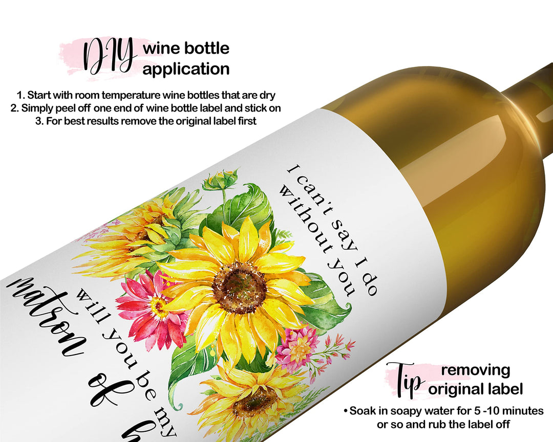 Sunflower Themed Bridesmaid Wine Labels - Pack of 12 - Vibrant Maid of Honor Proposals - Paper Clever Party