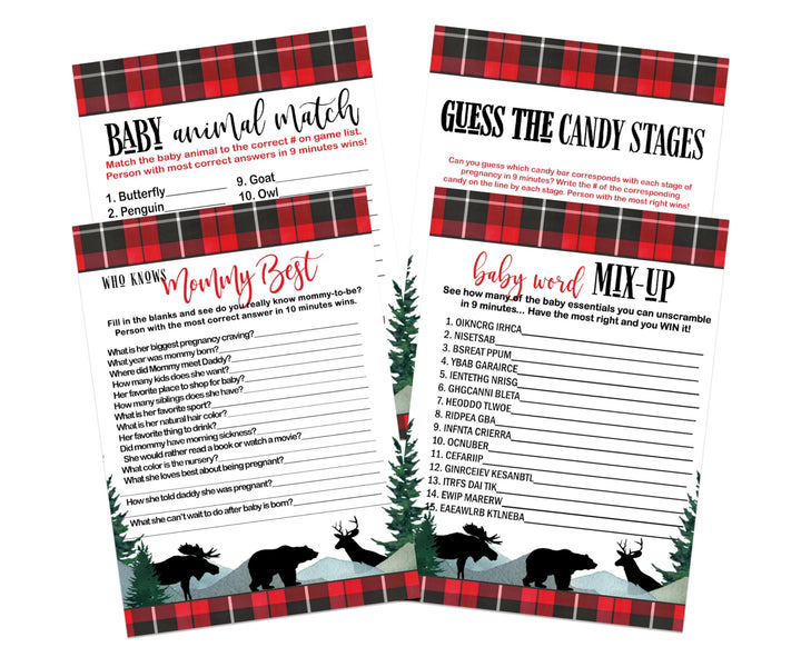 Log Cabin Laughs” - Lumberjack Baby Shower Game Set, 5x7 Double-Sided Cards (25 ct) - Paper Clever Party