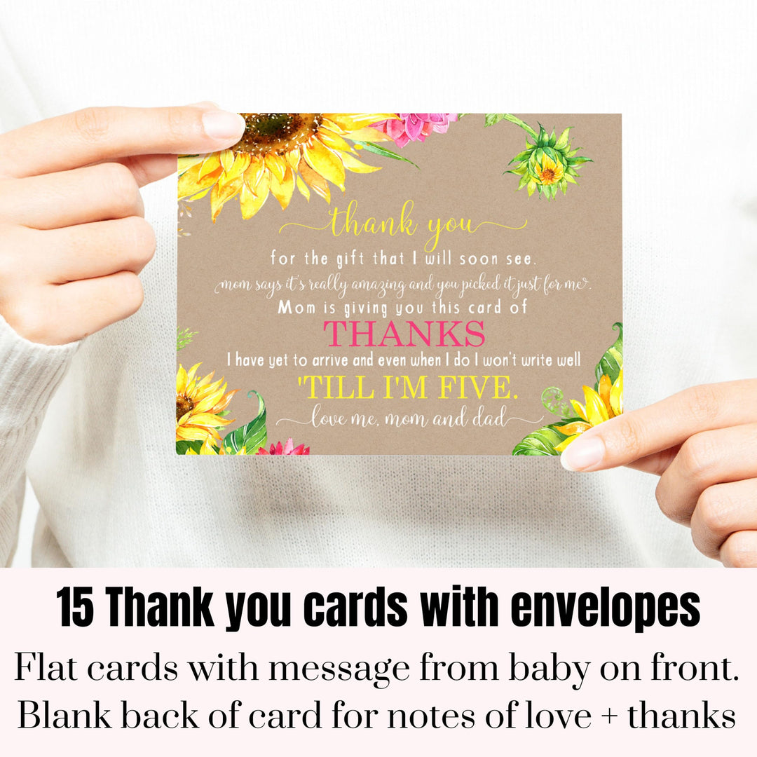 Sunflower Baby Shower Thank You Cards - Rustic Neutral (15 Pack) with Pink Envelopes, 4x6 - Paper Clever Party