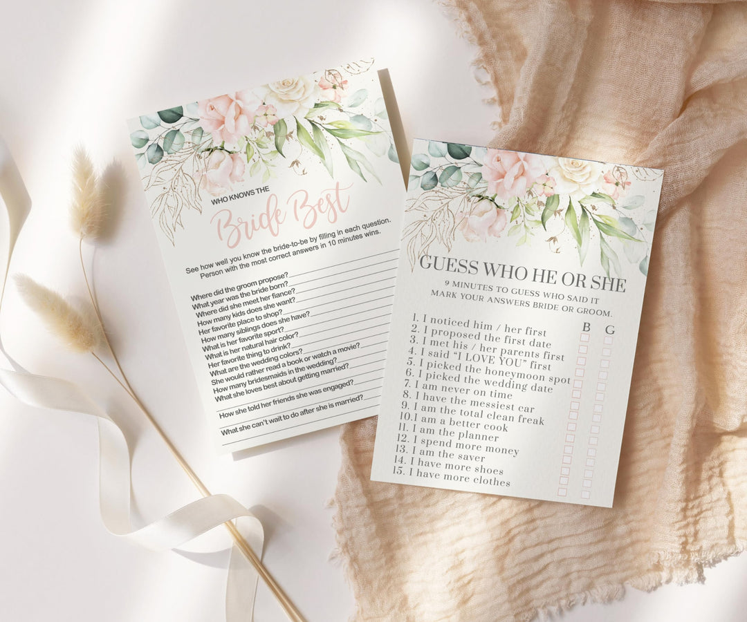 Bride Best and He or She Said Blush Blooms Bridal Shower Game - Pink Double-Sided 5x7 Cards for 25 Guests - Paper Clever Party