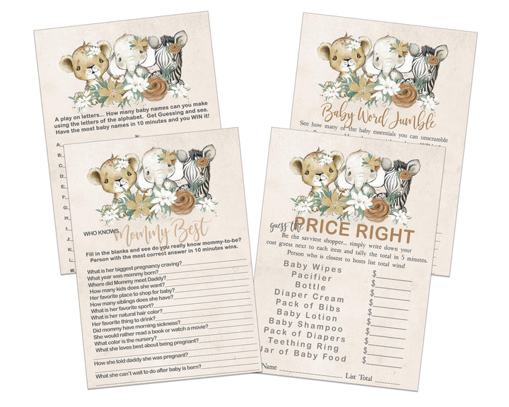 Jungle Jubilee - Flora Safari Baby Shower Game Set, Gold & Greenery, 5x7 Cards (25 ct) - Paper Clever Party