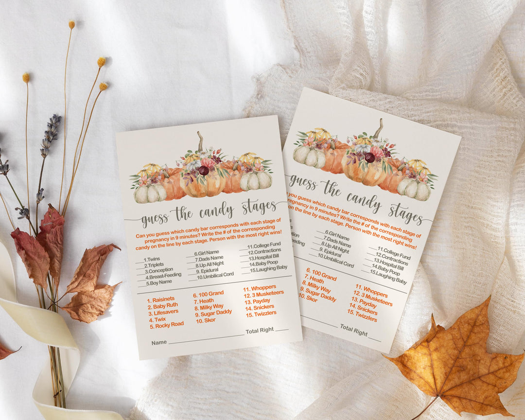 Paper Clever Party Pumpkin Baby Shower Game Match The Candies Activity Cards, Floral and Pumpkin, 4x6 Set, 25 Pack - Paper Clever Party