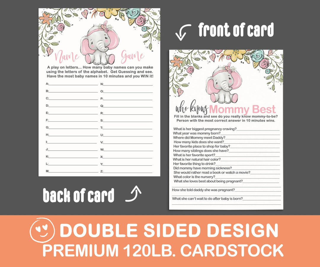 Elephant Elegance - Cottage Elephant Baby Shower Game Set, Pink, 5x7 Cards (25 ct) - Paper Clever Party