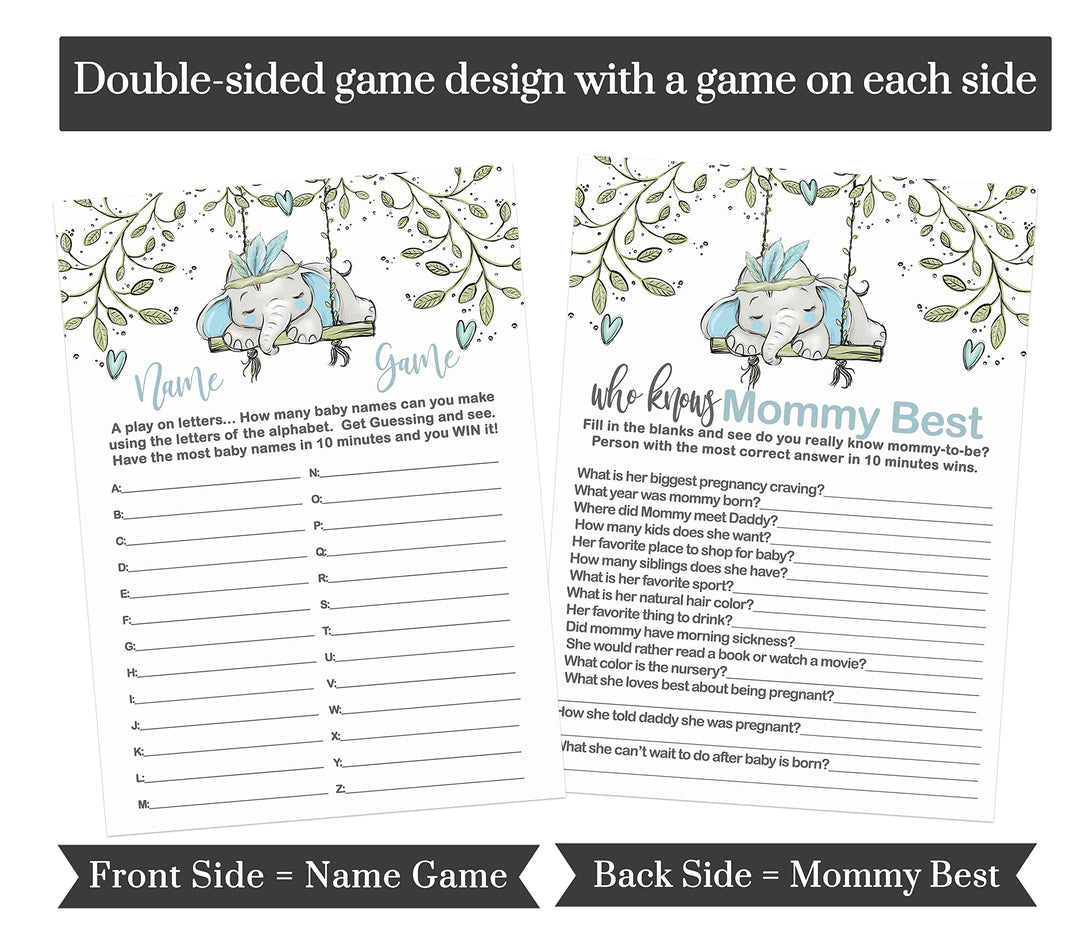 Little Peanut’s Play - Blue Elephant Baby Shower Game Set, Rustic Greenery, 5x7 Cards (25 ct) - Paper Clever Party