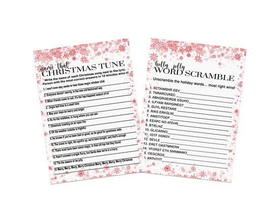 Snowflake Christmas Party Game 2 Pack, Holiday Trivia and Word Scramble, Double-Sided,Santa Baby, Red, 5x7 Cards, 25 Guests - Paper Clever Party