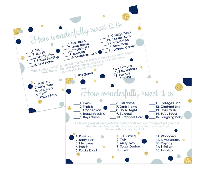 Navy & Gold Baby Shower Candy Matching Game - 25 Cards with Little Star & Royal Prince Themes - Guess the Candies - Paper Clever Party