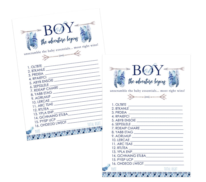 Adventure Begins Baby Shower Word Scramble Game - 25 Pack Unscramble Activity for Baby Boy Sprinkle - Rustic Feather Boho Blue - Printed 5x7 Size Set - Paper Clever Party