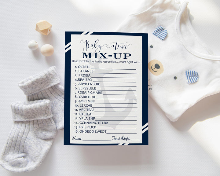 Nautical Baby Shower Word Scramble Game - 25 Pack Unscramble Activity Cards for Ahoy Boys Event - Anchor Supplies Navy Blue Grey - Printed 4x6 Size Set - Paper Clever Party