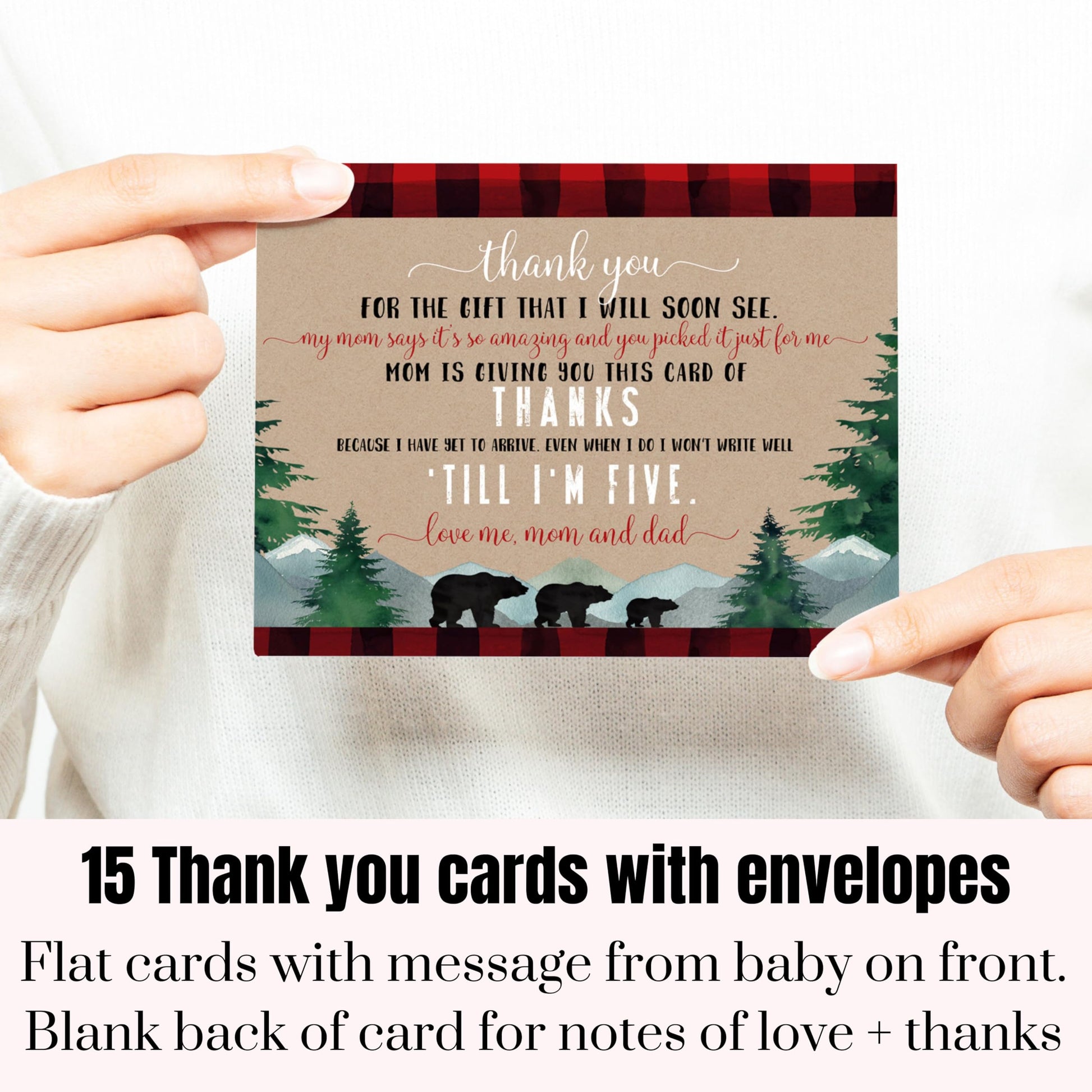 Lumberjack Boys Baby Shower Thank You Cards - Rustic (15 Pack) with Red Envelopes, 4x6 - Paper Clever Party