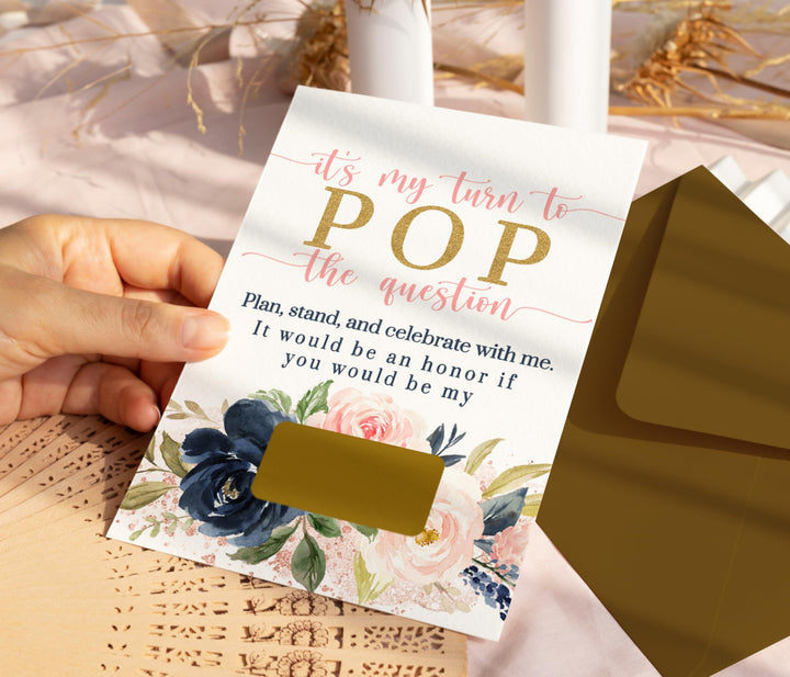 Pink and Gold Floral ‘Pop the Question’ Bridesmaid Cards (12-Pack) - Paper Clever Party