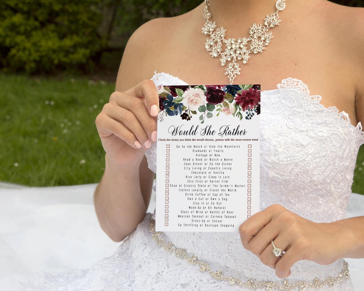 Would She Rather Rustic Burgundy & Navy Indigo Floral Bridal Shower Game - 5x7 Cards for 25 Guests - Paper Clever Party