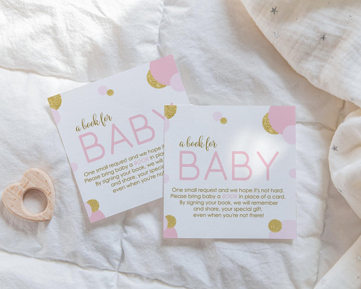 Pink and Gold Books for Baby Shower Request Cards - Paper Clever Party