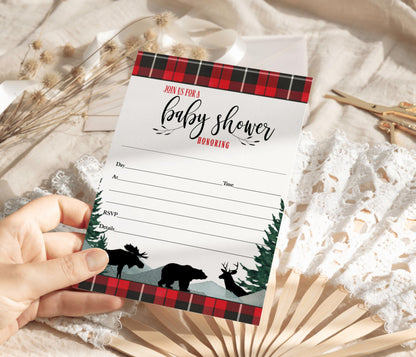 Lumberjack Boy’s Baby Shower Invites - 25ct, Red & Black, 5x7 - Paper Clever Party