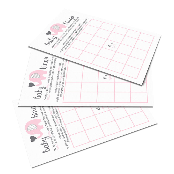 Baby Shower Bingo Game Cards - 25-Pack, Girl’s Jungle Animal Theme, Pink Elephant Design - Paper Clever Party