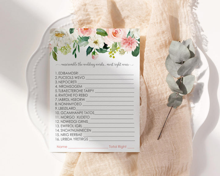 Wedding Word Scramble Graceful Floral Bridal Shower Game - Unscramble Activity with Pink and Gold Greenery, 5x7 Cards for 25 Guests - Paper Clever Party