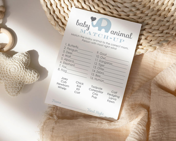 Elephant Baby Shower Game Cards Animal Matching (25 Pack) - Paper Clever Party