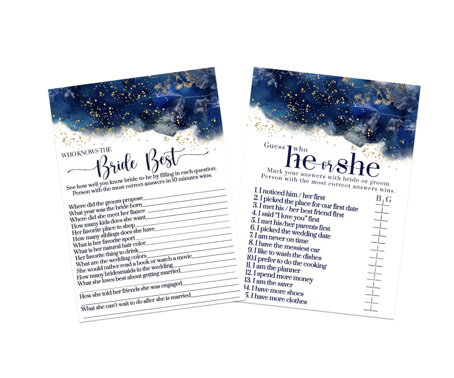 Gold Floral Themed Bride Best and He or She Said Blue Watercolor Bridal Shower Game - Double-Sided 5x7 Cards for 25 Guests - Paper Clever Party