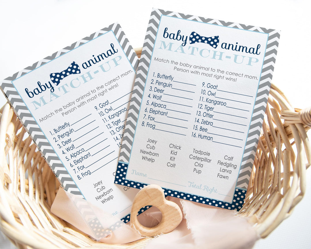 Bow Tie Baby Shower Game Cards Animal Matching (25 Pack) - Paper Clever Party